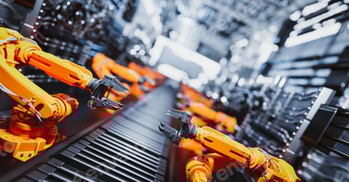 Preview: Robotic arms along assembly line in modern factory.