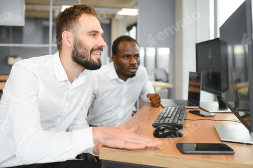 Preview: Two diverse crypto traders brokers stock exchange market investors discussing trading charts