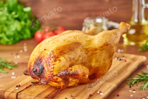 Preview: Whole roasted chicken on wooden cutting board on dark brown wooden table, side view