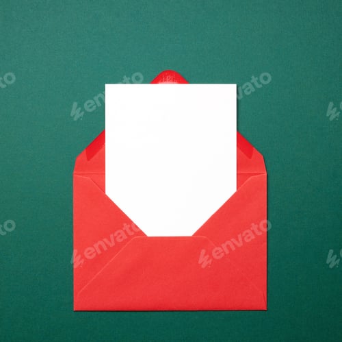 Preview: Mock-up with Empty Card in Red Envelope on Green Background.