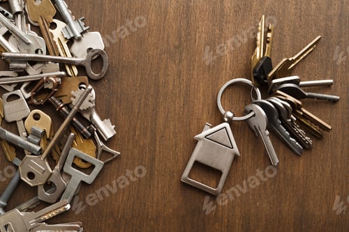 Preview: Bunch of keys with house trinklet on wooden table