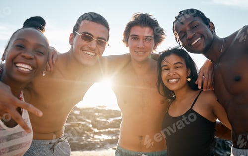 Preview: Friends, portrait or embrace on beach in group vacation, social gathering or sunset summer holiday