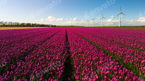 Preview: A vibrant field of colorful flowers dances gracefully in the wind, with majestic windmills standing