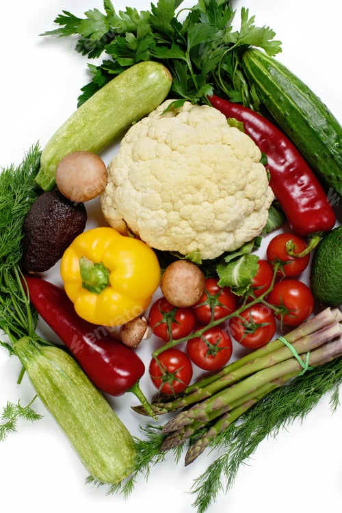 Preview: various vegetables isolated on white background.