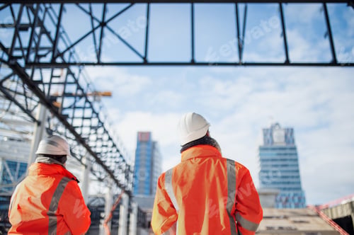 Preview: Rear view of engineers standing outdoors on construction site