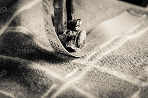 Preview: Vintage tailor machine with scissors, cloth and threads