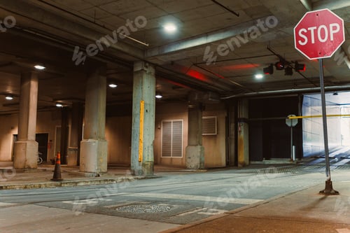 Preview: Stop sign stands at entrance of parking garage with clear view of ground and surrounding columns