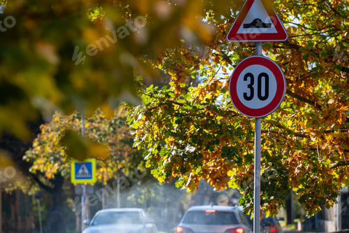 Preview: Traffic signs among autumn trees on a quiet street in the early afternoon