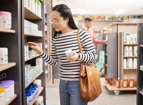 Preview: Asian woman, retail shopping and shelf in store for products, grocery stock and choice of brands. F