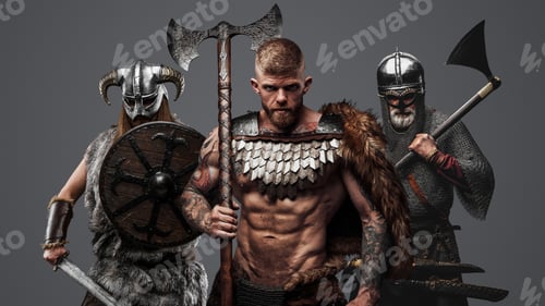 Preview: Three viking from past with axes against gray background