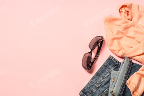 Preview: Woman flat lay background with cloth, accerrories and cosmetics