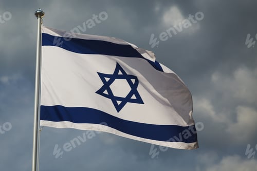 Preview: Waving colourful flag of Israel against cloudy sky. Highly detailed fabric texture