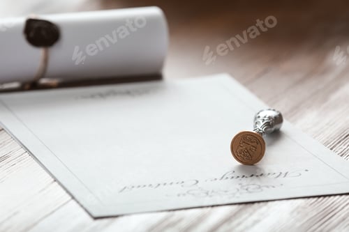 Preview: Vintage notary stamp and document on wooden table, closeup. Space for text