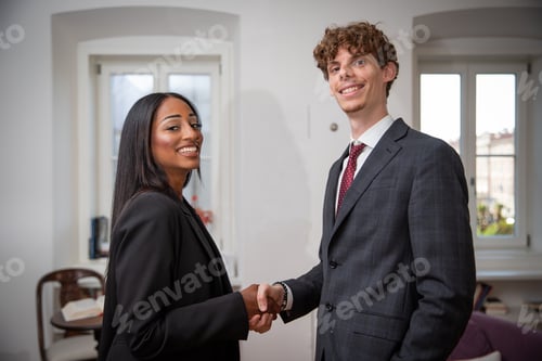 Preview: Two colleagues of different ethnicities shaking hands, concept of found agreement and diversity.