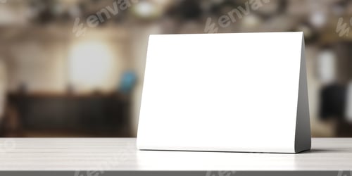 Preview: Table tent, reserved card sign empty blank on a wooden table, 3d illustration