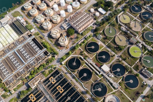 Preview: Sha Tin, Hong Kong 10 April 2021: Top view of Sha Tin Sewage treatment plant in Hong Kong