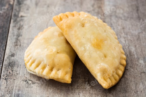 Preview: Delicious empanadas resting on rustic wooden table, ready to eat