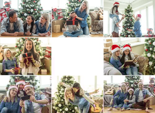 Preview: Collage of photos with happy family on winter day Christmas.