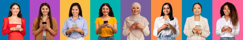 Preview: Eight women with smartphones display a range of outfits from casual to business