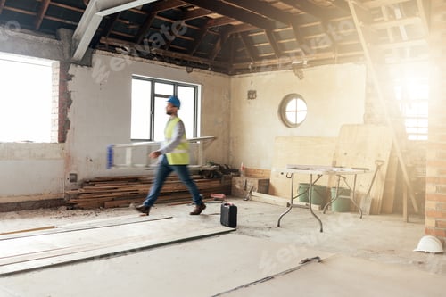 Preview: Construction, house and contractor walking in a building with maintenance, renovation and work with