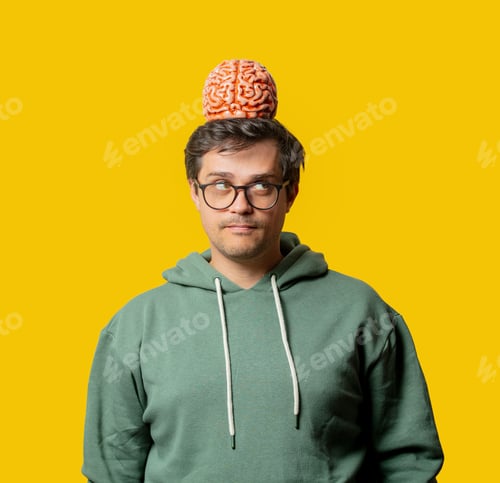 Preview: Guy in green hoodie with brain on yellow background