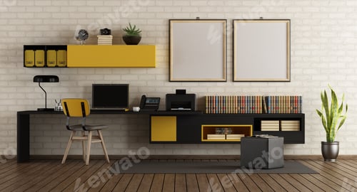 Preview: Modern home office with black and yellow furniture