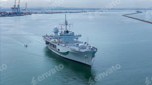 Preview: Nuclear war ship, Navy ship, Military navy carrier Helicopter. nuclear carrier running in the ocean