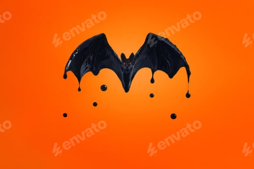 Preview: black bat with red eyes on an orange background.