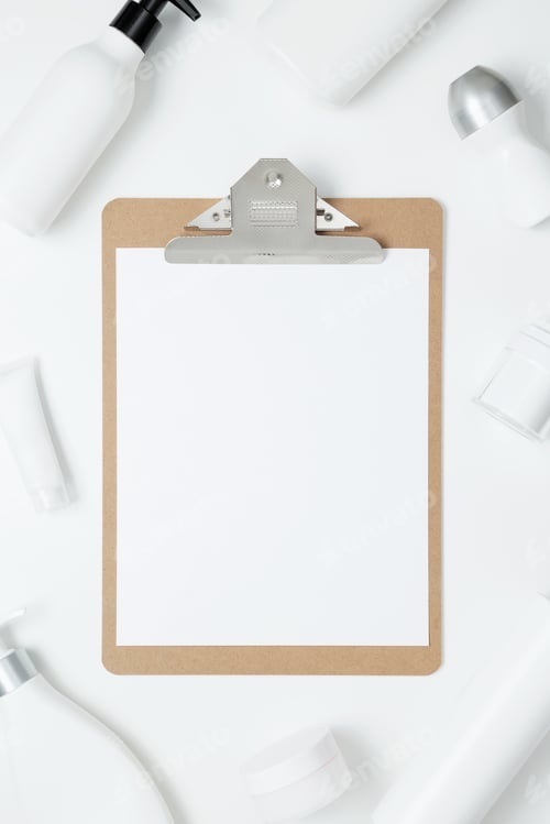 Preview: Cosmetic beauty products and clipboard. Bottles and tubes with branding mock up