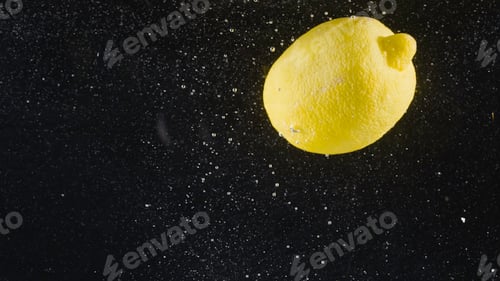 Preview: Close-up of whole lemon falling into water. Action. Whole lemon falls into water with bubbles on