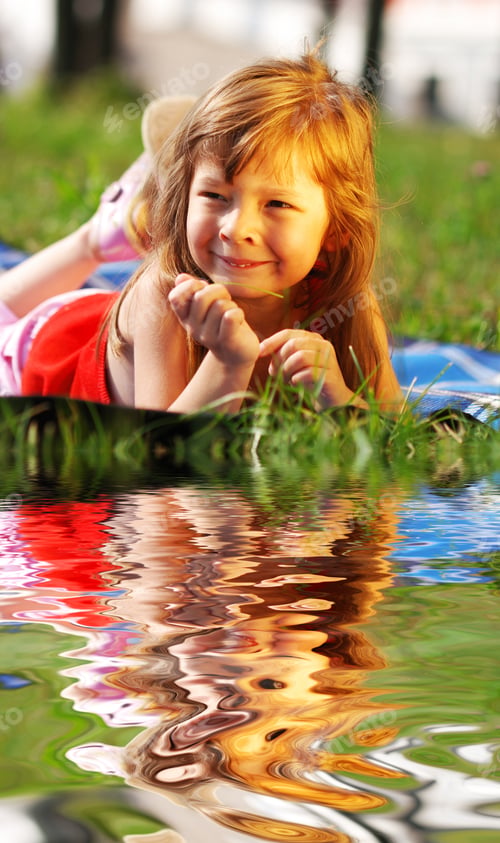 Preview: Little Cute Girl Outdoor Portrait With Reflection