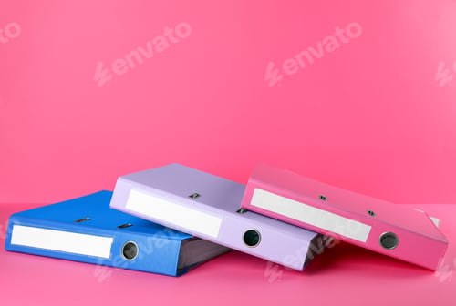 Preview: Office folders on pink background, space for text