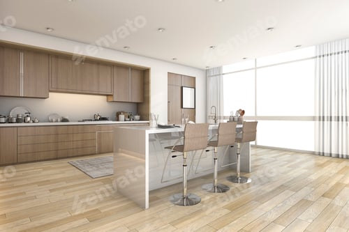 Preview: 3d rendering wood bar kitchen near window
