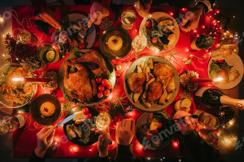 Preview: Top view of people enjoying variety of Christmas dishes while having holiday dinner