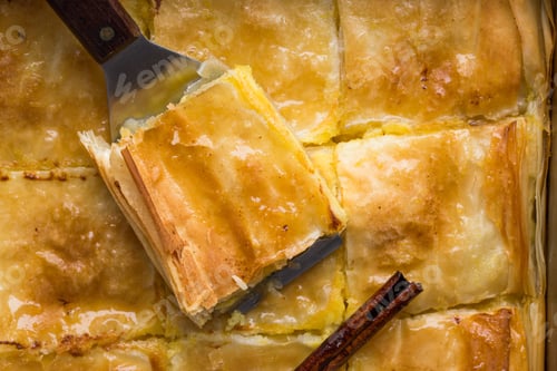 Preview: Custard of "Galaktoboureko" or bougatsa Greek traditional dessert baked in a pan with syrup.