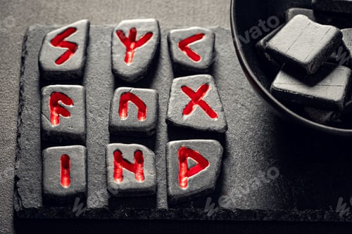Preview: Old enchanted rune with red signs based on futhark alphabet