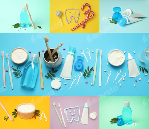 Preview: Collage of photos of dental care accessories