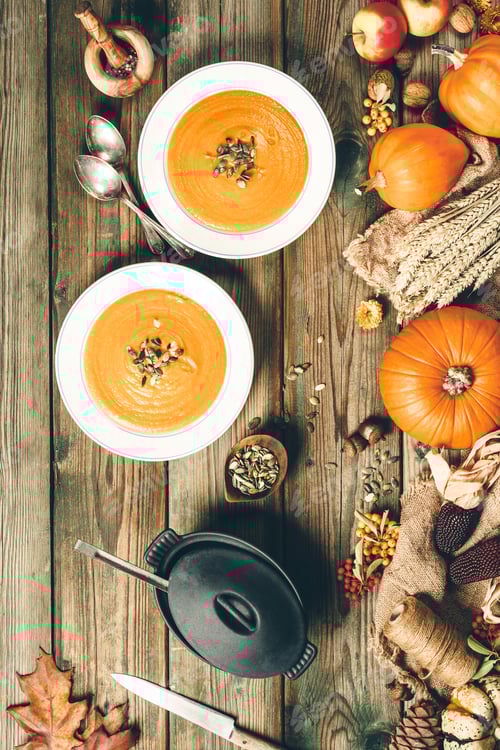 Preview: Vegetable or pumpkin soup and ingredients, flat lay