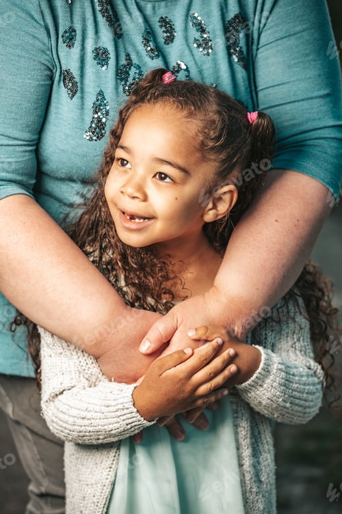 Preview: little cute african american girl five years old, close up portrait with mom