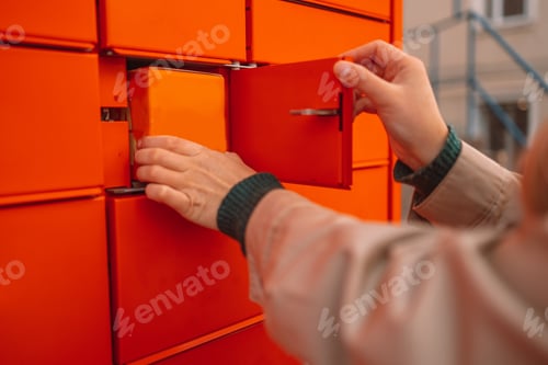 Preview: Close up of send or receive parcel with self service post terminal machine. Hand with package
