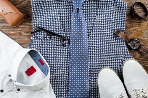 Preview: Vest, necktie, shirt, shoes on wooden background
