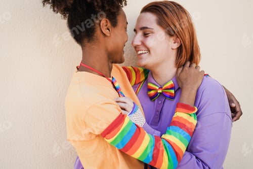 Preview: Happy women gay couple having tender moment outdoor - Lgbt and love concept