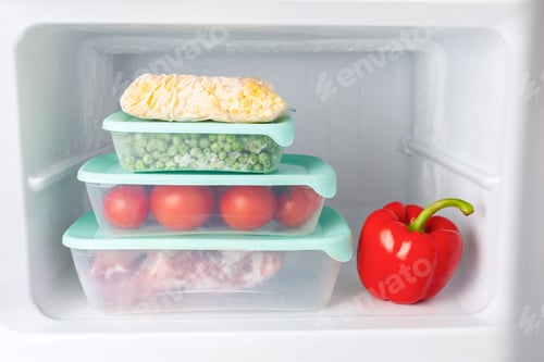 Preview: Frozen vegetables and meat in blue plastic containers