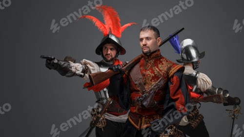 Preview: Brave conquistador with two soldiers against gray background