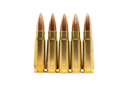 Preview: Five bullets isolated on white background. Cartridges 7.62 caliber for Kalashnikov assault rifle