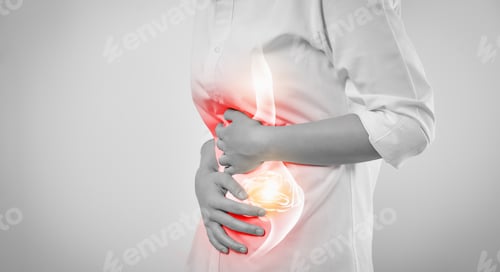 Preview: Woman hands touching belly and stomach painful suffering from chronic gastritis on white background.