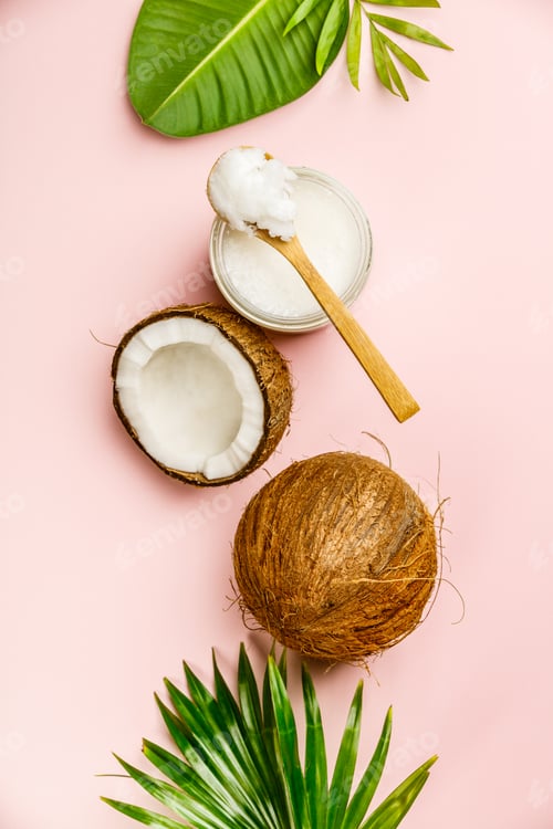 Preview: Coconut oil, tropical leaves and fresh coconuts