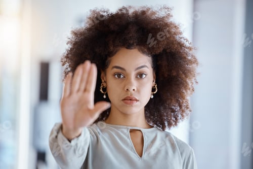 Preview: Hands, hr and manager stop sign with hand in office, serious, power and change in corporate. Black
