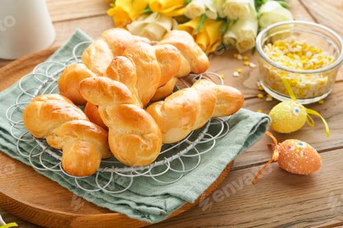 Preview: Easter breakfast Holliday concept. Easter bunny buns rolls with cinnamon made from yeast dough with