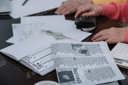 Preview: cropped view of senior couple sitting at table with business newspaper, envelope with 'roth ira'